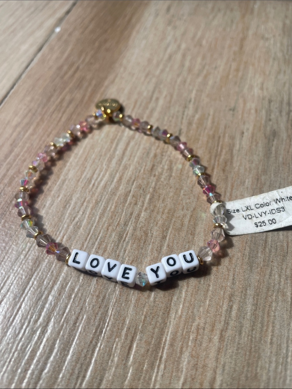 LOVE YOU Pink Clear and Gold Beaded Stretch Bracelet by Little Words Project - Picture 2 of 3